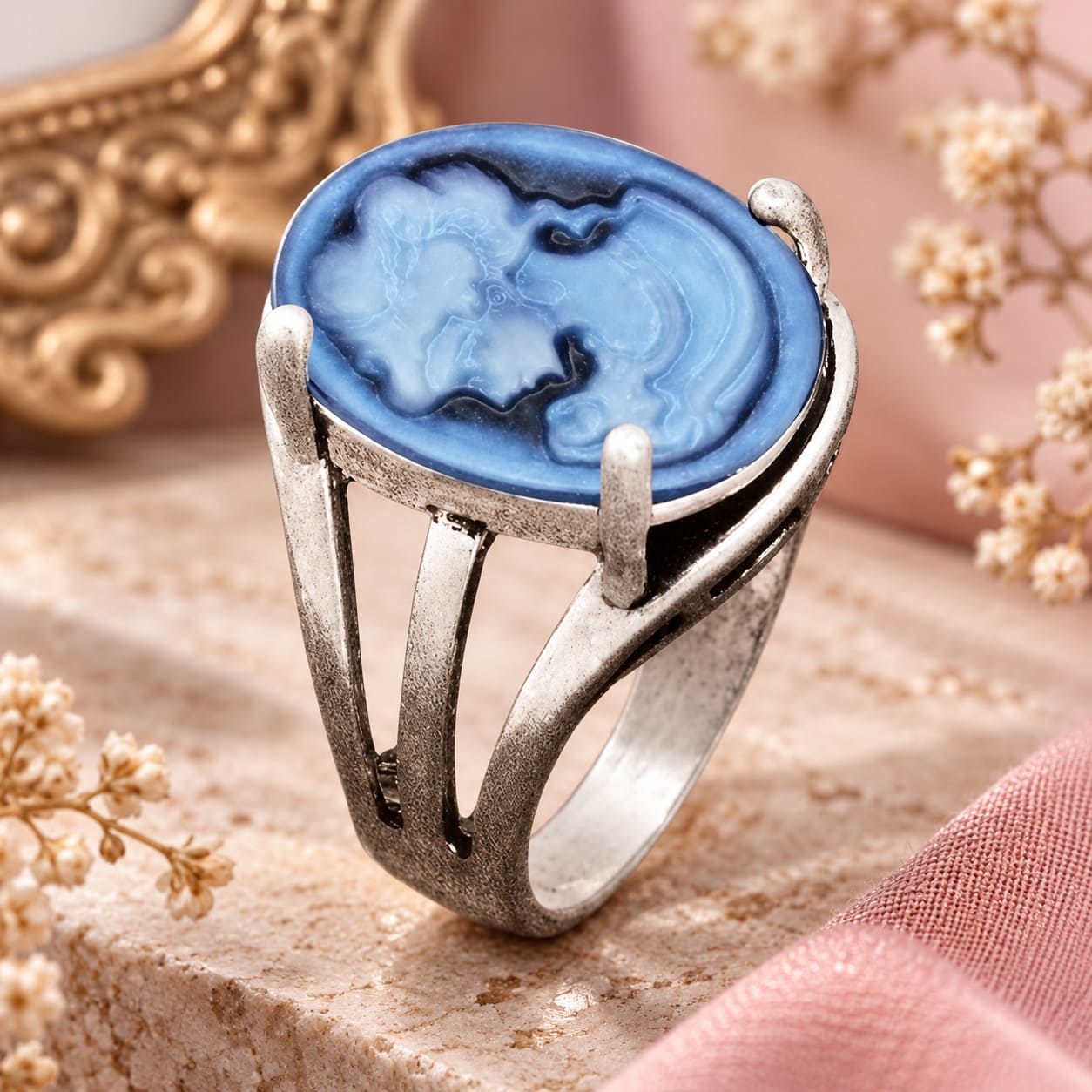 Bague Camée Bleue Argentée