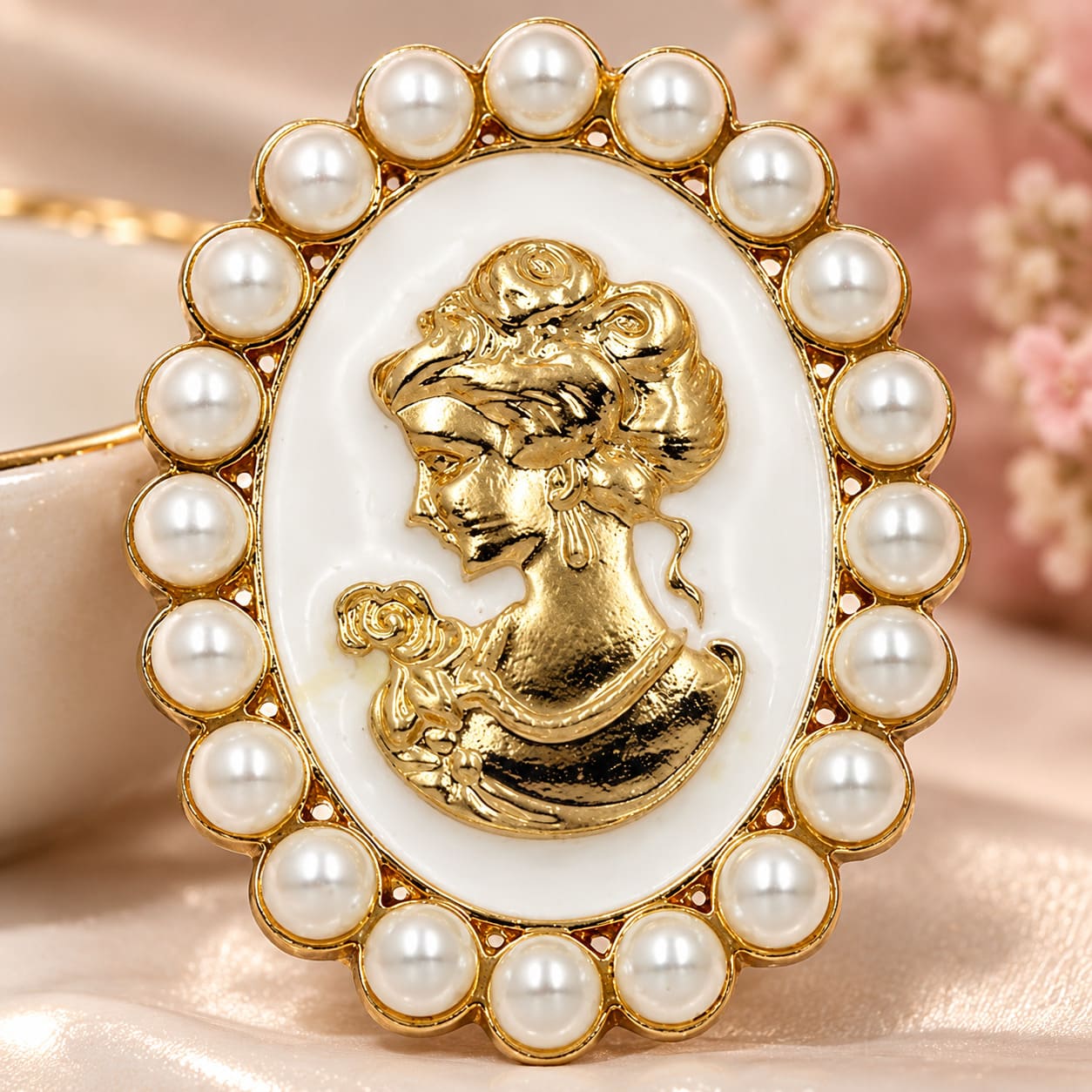 Broche Camée Dorée à Perles Blanches