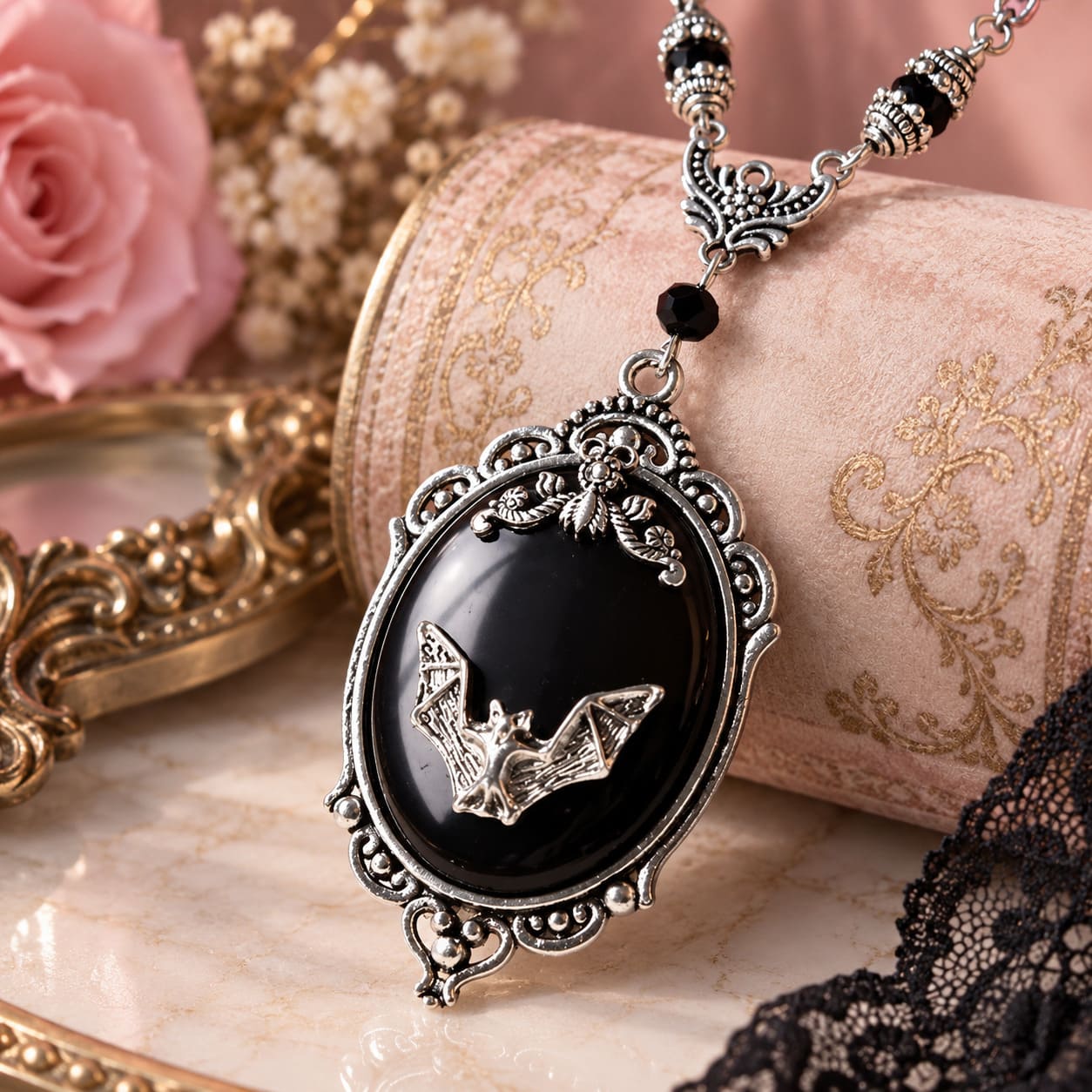Pendentif Camée Noir Intense - Chauve-Souris