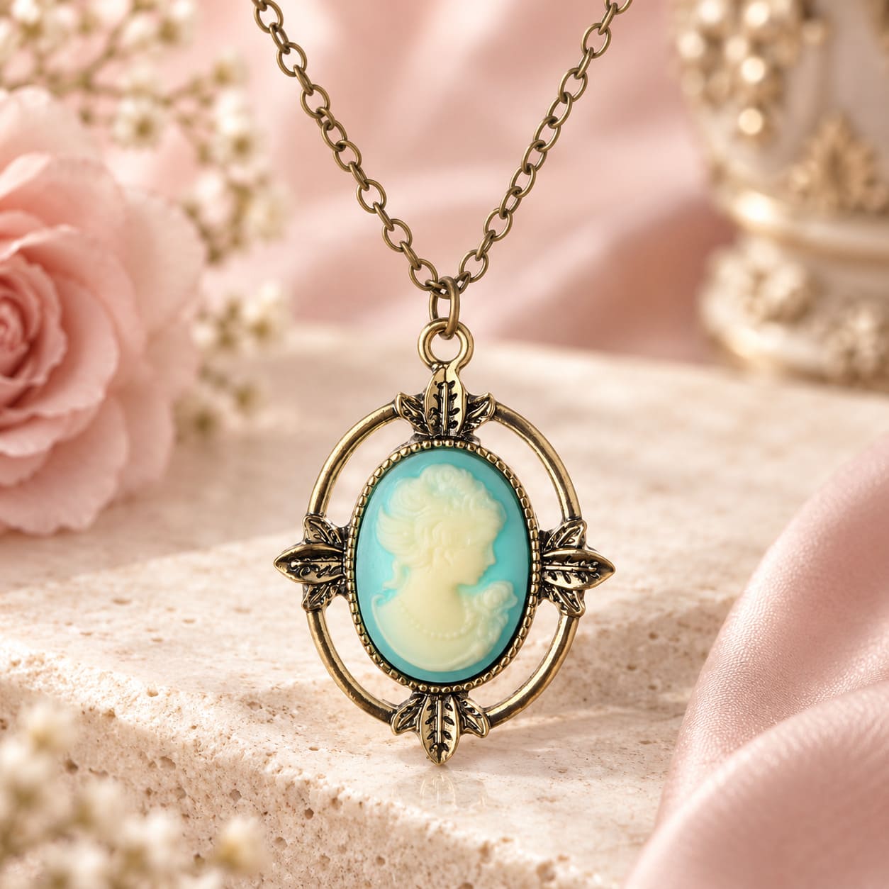 Collier Camée Bleu Ciel et Blanc