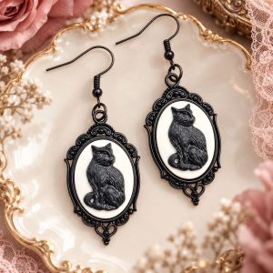 Boucles d'Oreilles Camées Chat Noir