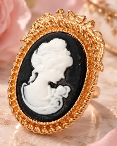 Bague Camée Noire, Blanche et Dorée